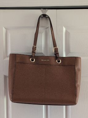 Michael Kors Brown Pebbled Leather Shoulder Tote with Gold Hardware